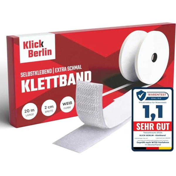 Klick Berlin Velcro Tape Self-Adhesive | 2 cm x 20 m | Extra Long and Narrow | Velcro Tape Sticks to Many Surfaces | Velcro | 20 mm Wide | 20 Metres Long | White