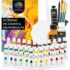 OfficeTree 24 x Oil Paint Set with Brush and Palette 12 ml - Oil Paint Set Including Oil Paint Accessories - Complete Oil Paint Starter Set with Turpentine, Painting Agent and Painting Pad