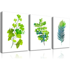 Piy Painting Set of 3 Green Leaves Pictures on Canvas Estilo Nórdico 30 x 40 cm, Plant Canvas Pictures Painting Modern Wall Decoration Pictures with Built-in Wooden Frame for Living Room Office