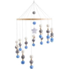 Baby Bed Wooden Wind Chimes, Mobile Baby Bed Bell, Baby Mobile, with Wooden Stars and Felt Balls, Hanging Bed Bell Mobile for Girls and Boys (Blue)