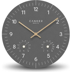 Cander Berlin MNU 2630 R Wall Clock MDF Silent No Ticking 30 cm Temperature Humidity Analogue Grey Anthracite Wooden Hands