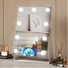 Mondeer Hollywood Mirror with Wireless Charging, Makeup Mirror with Lighting, 9 LEDs, Dimmable, 3 Colour Temperature Light, 360° Rotation, Touch Control, White