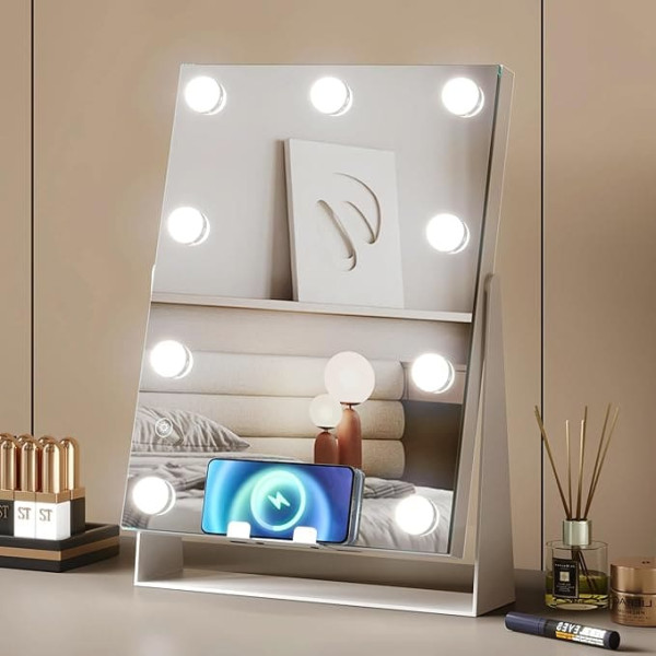 Mondeer Hollywood Mirror with Wireless Charging, Makeup Mirror with Lighting, 9 LEDs, Dimmable, 3 Colour Temperature Light, 360° Rotation, Touch Control, White