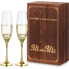 NUPTIO Heart Champagne Glasses Wedding Gifts Gold: Set of 2 Champagne Glass Crystal with Wooden Gift Box Wedding Anniversary Champagne Glass
