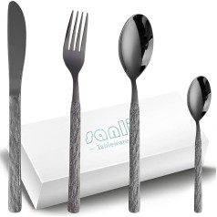 Sanli Cutlery Set Black for 6 People Modern 24 Pieces Stainless Steel Knife Fork Spoon Stone Pattern Handle Cutlery Set Dishwasher Safe