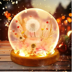 Eternal Rose in Glass with LED Light, Pink Dandelion Preserved Flowers, Infinity Roses as Gifts for Women, Preserved Real Roses Gifts for Mum, Wife, Christmas, Valentine's Day, Birthday