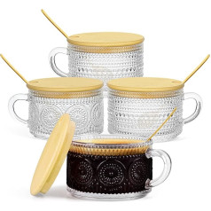 Winter Shore 400 ml Vintage Espresso Cups Set with Bamboo Lids & Spoons (Pack of 4) - Cappuccino Cups for Overnight Oats, Iced Coffee & Latte - Freezer & Dishwasher Safe Coffee Glasses