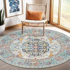 Nyescasa Round Rug 120 cm Vintage Boho Mandala Rug Living Room Washable Non-Slip Soft Short Pile Round Rugs for Bedroom Children's Room Outdoor Beige Blue
