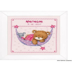 Vervaco Counted Cross Stitch: Birth Record: Little Bear in Hammock (Pink), COTTON NA, 21 x 24cm