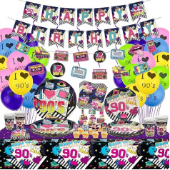 Hegbolke 90s Party Supplies - Back to The 90s Party Decoration Set with Hanging Swirls, 90s Element Bunting, Plates, Cups, Napkins, Tablecloth, Banners, Balloons - Holds 20 People (B)