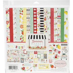 Carta Bella Paper Co CBSUM115016 Summer Market Collection Kit Paper, Red, Pink, Green, Yellow, Black, Teal, 12-x 12-Inch