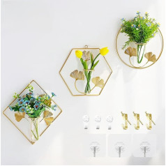 NIUKOMY Pack of 3 Test Tube Vase, Gold, Wall Decoration Flower Vase, Wall Vases for Plants Indoor, Wall Mounted Hydroponic Planter, Metal Vases Wall with Ginkgo Leaf (Plant Free)