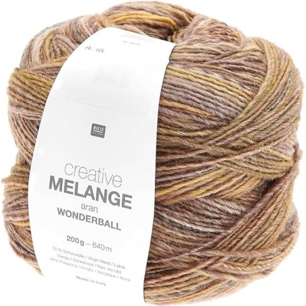 Rico Design Creative Melange Aran Wonderball Olive Mix Colour 20, Colour Gradient Wool, Needle Size 5 mm for Knitting or Crocheting, Wool 200 g Ball