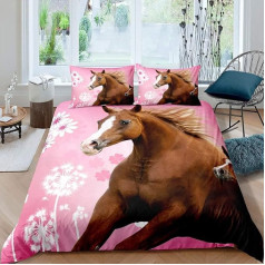 Girls Comforter for Kids Teens Girls Galloping Horse Bedding Set Farmhouse Safari Animal Pattern Duvet Cover for Kids Room Pink Dandelion Nature Bedspread