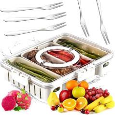 Split Serving Tray, Divided Serving Tray with Lid and Handle, Split Serving Tray with Handle, Portable Food Storage Box, Snack Bowl, Food Storage Box, Vegetable Organiser for Fridge (4 Compartments, 5