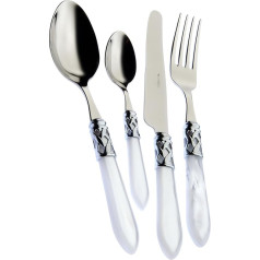 BUGATTI, Aladdin, 49-teiliges Besteckset aus Edelstahl, verchromtem Ring und weißem Farbgriff mit Perlmutt-Effekt. 12-Personen-Set: 12 Löffel, 12 Gabeln, 12 Messer, 12 Teelöffel und 1 Kelle