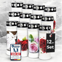 Set of 12 EMILAS Grave Candles, 7 Days Burning Time, Funeral Candles for a Stylish Grave Decoration, Grave Decoration with 4 Designs, Grave Lights with Lid, Cemetery Candle for Resting Places