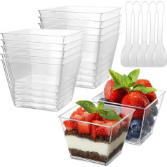 AKOLAFE Pack of 100 Plastic Dessert Glasses 100 ml Dessert Bowls Clear Reusable Dessert Cups Plastic Square Dessert Cups for Pudding Ice Cream Mousse Birthday Weddings