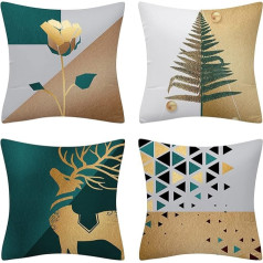 Fullfun Elk Cushion Covers Teal Gold Geometric Polyester Pillow Covers 4 Pack Square Flower Pillow Covers with Invisible Zipper for Sofa Couch 45cm x 45cm