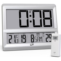 Atomic Clock with Large Display, Digital Wall Clock with Temperature Date Indoor Outdoor Wireless Sensor Battery Operated Digital Radio Clock with Alarm Clock for Bedroom, Easy to Read, Silver