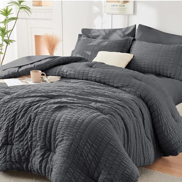 HYMOKEGE Queen Bedding Set Seersucker 7 Pieces All Season Luxury Bed in a Bag for Bedroom Bedding Set with Comforters, Sheets, Pillowcases and Pillowcases, Dark Grey