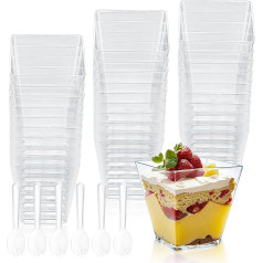 Yibaijia 50 Pieces Dessert Cups, Dessert Bowls, Reusable Square Plastic Cheesecake Pots 120 ml, Transparent Appetizers, Serving Bowl for Dessert, Party, with 50 x Spoons