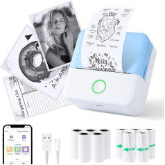 PRAOAHEI Mini Printer, Portable Photo Printer with 10 Rolls of Printer Paper, Bluetooth Label Printer, Thermal Printer for Notes, Photos, Diaries, DIY, Compatible with iOS and Android (Blue)