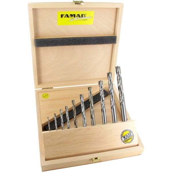 FAMAG 1593 HM Wood Twist Drill Bit Set of 10 in Wooden Case