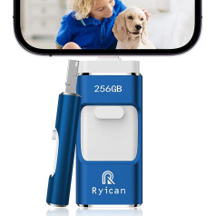 USB Stick for Phone Ryican 256 GB Memory Stick for iOS Password Protected Files 4 in 1 USB 3.0 Photostick Pendrive USB C for OTG Android/Laptop/PC/Pad, Data Copied with One Click (256G, Blue)