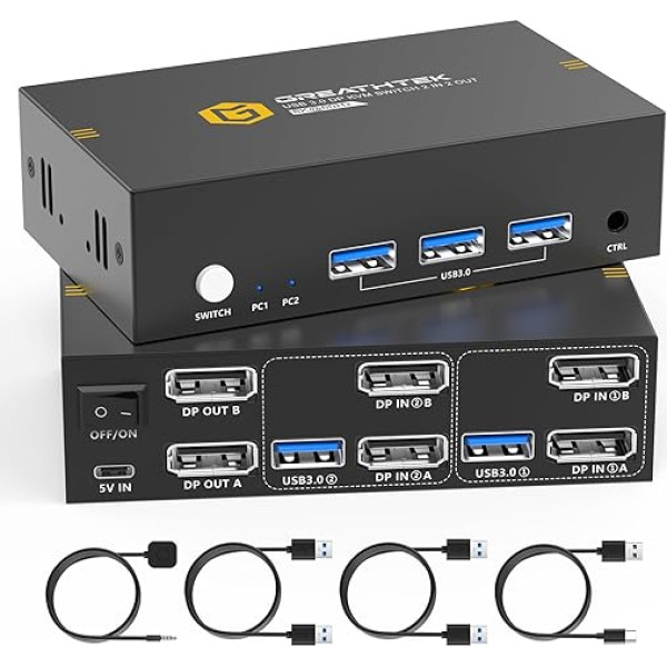 4K120Hz Displayport KVM Switch 2 PC 2 Monitors, USB3.0 8K@60Hz KVM Switches 2 Monitors with 3 USB 3.0 Port, DP1.4 KVM Switches with Desktop Controller, Share Multiple USB Devices
