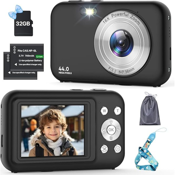 Digital Camera, Camera Photo Camera with 32 GB Card, 44 MP 1080P Children's Camera with 16X Digital Zoom, Compact Camera, Rechargeable Camera with 2 Batteries, Camera for Children, Teenagers,