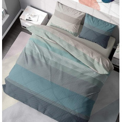 DILIOS Premium Bed Linen 200 x 200 cm, 100% Cotton, Breathable, Renforcé, with Zip, Blue/Green/Grey Stripes, 3-Piece Bedding Set, Duvet Cover + 2 Pillowcases 80 x 80 cm