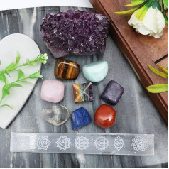 FASHIONZAADI Natural Amethyst Cluster with Selenite Stick & Seven Chakra Markaba and Tumble Stones Set of 10 Crystal Kit Reiki Healing Emf Protection Bohemian and Meditation Tool Home Décor Best Gift