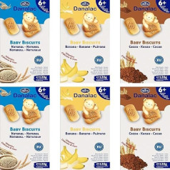 DANALAC Baby Biscuits 120 g Combination Snack Pack - 2 Banana, 2 Cocoa, 2 Natural Plain - Snacks and Food for Toddlers from 6 Months with Calcium, Iron and Vitamins