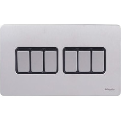 Schneider Electric Ultimate Screwless Flat Plate 6 Gang Rocker 2 Way Light Switch, Single Pole, 16AX, GU1462BSS, Stainless Steel with Black Insert