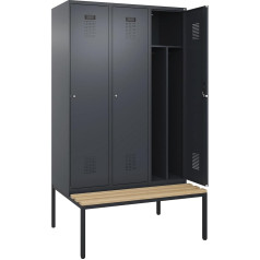 kaiserkraft | Spind Evolo Plus mit Trennwand mittig und Sitzbank | 3 Abteile | Trennwand mittig | grau | B 1200 mm | Zylinderschloss | mit untergebauter Sitzbank | Buche