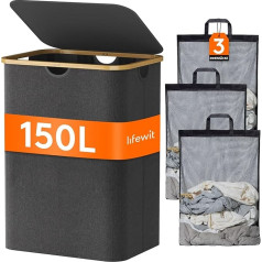 Lifewit 150L Laundry Basket with Lid, 3 Compartments, Large Laundry Basket with Bamboo Handles & Removable Laundry Bags, Clothes, Baskets for Laundry, Bedroom, Bathroom, Dormitory, Laundry Room, Dark