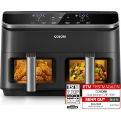 COSORI Air Fryer with 2 Chambers, 8-in-1 Dual Zone XXL 8.5L, features a dual-chamber design with viewing windows for balanced meals; Includes 50 recipes, Energy-saving and serves 1-5 people