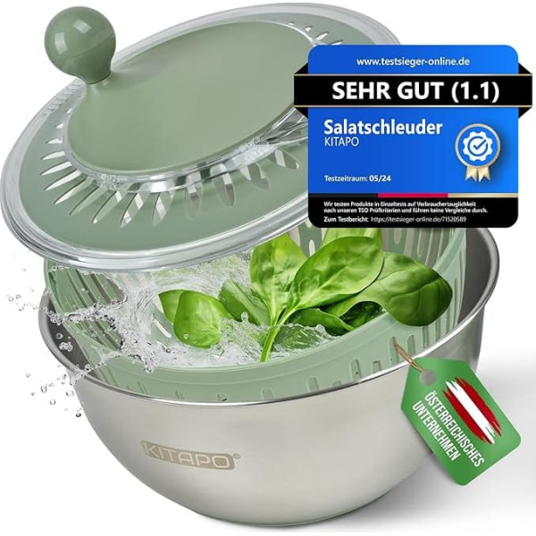 KITAPO Salad Spinner Stainless Steel with Crank Drive [2 in 1 Serving Bowl] 4.5 L [Water Outlet, Dishwasher Safe, Non-Slip] Salad Spinner Fruit Spinner High Quality Salad Spinner Large