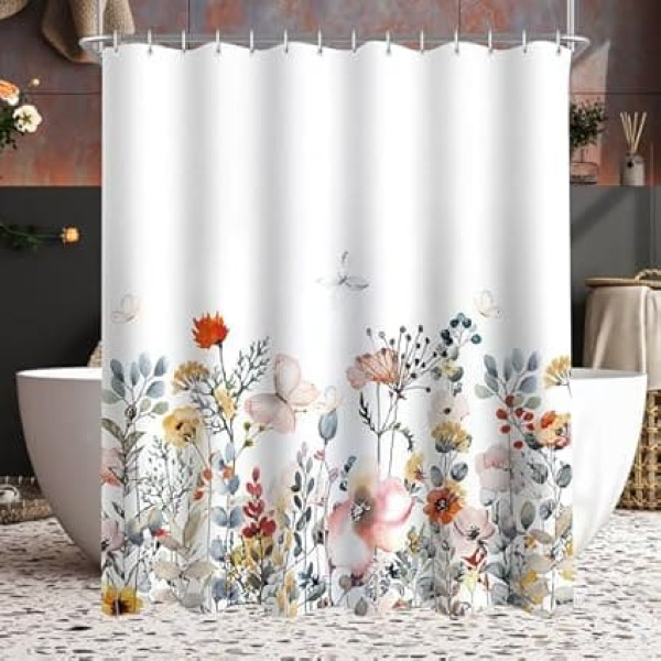 Lerores Shower Curtain 200 x 160 cm Flowers, Weighted Hem, Anti-Mould Textile, Water-Repellent, Washable Polyester Bath Curtains with Eyelets and 12 Shower Curtain Rings for Bathroom, Bathtub