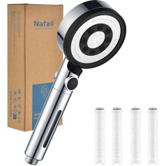 Nafall Shower Head with 4 PP Filters, Hand Shower, Water-Saving, Shower Head with 5 Jet Types, High Pressure, Economy Shower Head, Rain Shower, Stop Function, Chrome (Without Hose and Bracket)