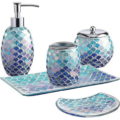 Whole Housewares Mosaic Glass Bathroom Accessories Set, 5-Piece - Soap Dispenser, Dresser Bowl, Toothbrush Holder, Tray and Soap Dish - Bathroom Glass Accessories, Blue - Bathroom Accessory Set