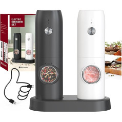 CIRCLE JOY Salt and Pepper Mills Electric Set of 2 Rechargeable Spice Mills with Double Charging Station, White LED Light and Adjustable Coarseness, Black/White