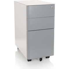 hjh OFFICE 743019 Rolling Container Narrow Colour I Steel White/Grey Drawer Cabinet with Wheels A4 Hanging Files, Lockable