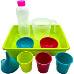 Plastic Kitchen Accessory Set - 9 Pieces - Montessori Transfers - Tray, Glasses, Bowls, Jug, Bottle, Funnel - Educational Material, Transfers, Sensory Activity, Learning Resources - BPA Free