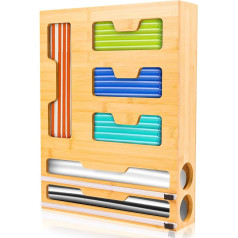 LudoHome 6-in-1 Bamboo Kitchen Organiser with Food Storage and Aluminium Foil Cutter, Freezer Bag Dispenser, 43 x 33 x 9.6 cm, 4 Compartments for Zip Bags, 2 Integrated Cutting Machines