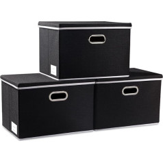 PRANDOM Large Foldable Storage Boxes with Lids [Pack of 3] Fabric Foldable Storage Baskets Organiser Container Baskets with Cover for Home, Bedroom, Closet, Office, Black (45 x 30 x 30 cm)