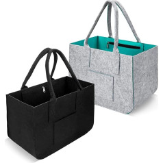 POFIBO Felt Bags Shopper, Set of 2 Felt Bags with Compartments and Zip, 20 L Foldable Shopping Basket for Shopping & Storage, Reusable and Robust Shopping Bag (39 x 26 x 20 cm), Grey / Black