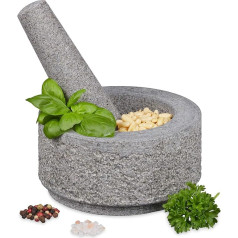Relaxdays Mortar with Pestle Granite, Unpolished, Durable, Solid, for Spices and Herbs, Stone Mortar D: 14 cm, Grey, 10029958