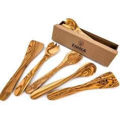 EMNA - 5-Piece Olive Wood Kitchen Utensil Set | Approx. 30 cm | Exclusive Gift Box | Design Cooking Spoon with Pointed Corner | Salad Servers | Flat and Slotted Spatula | Christmas